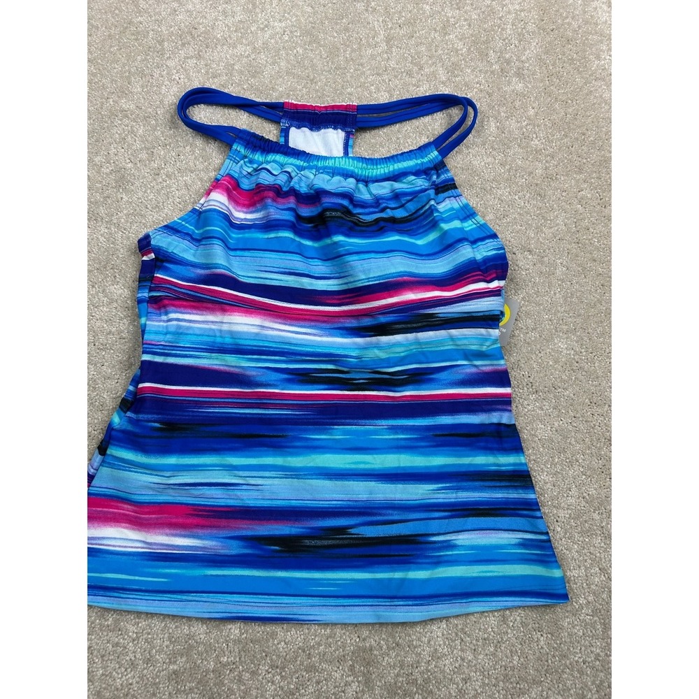 GO GOSSIP Swimwear Women's Tankini Top S Blue Pink Stripe Nylon Padded